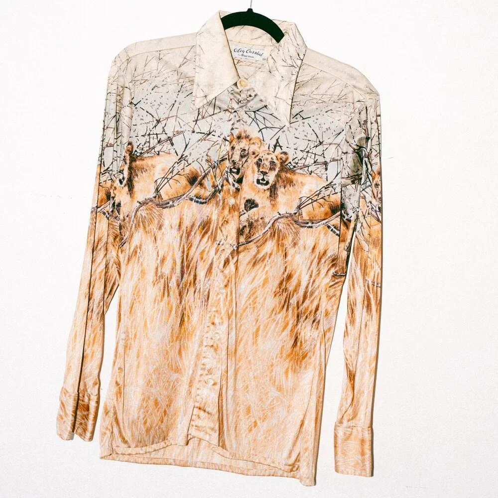 Vintage 70s Oleg Cassini by Burma Butterfly-Collar Disco Shirt – Lion Scene - Picture 2 of 5
